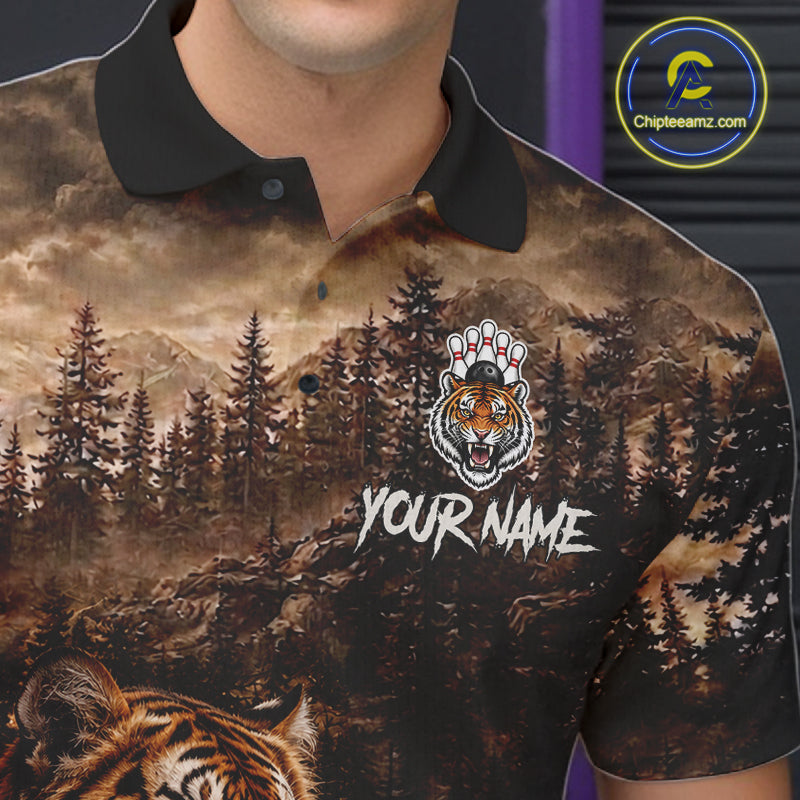 Funny Tiger Bowling Shirts For Men Custom Grunge Forest Polo & 1/4 Zip Bowling Team Jersey  NYN4388