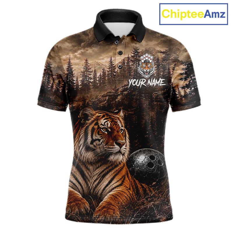 Funny Tiger Bowling Shirts For Men Custom Grunge Forest Polo & 1/4 Zip Bowling Team Jersey  NYN4388