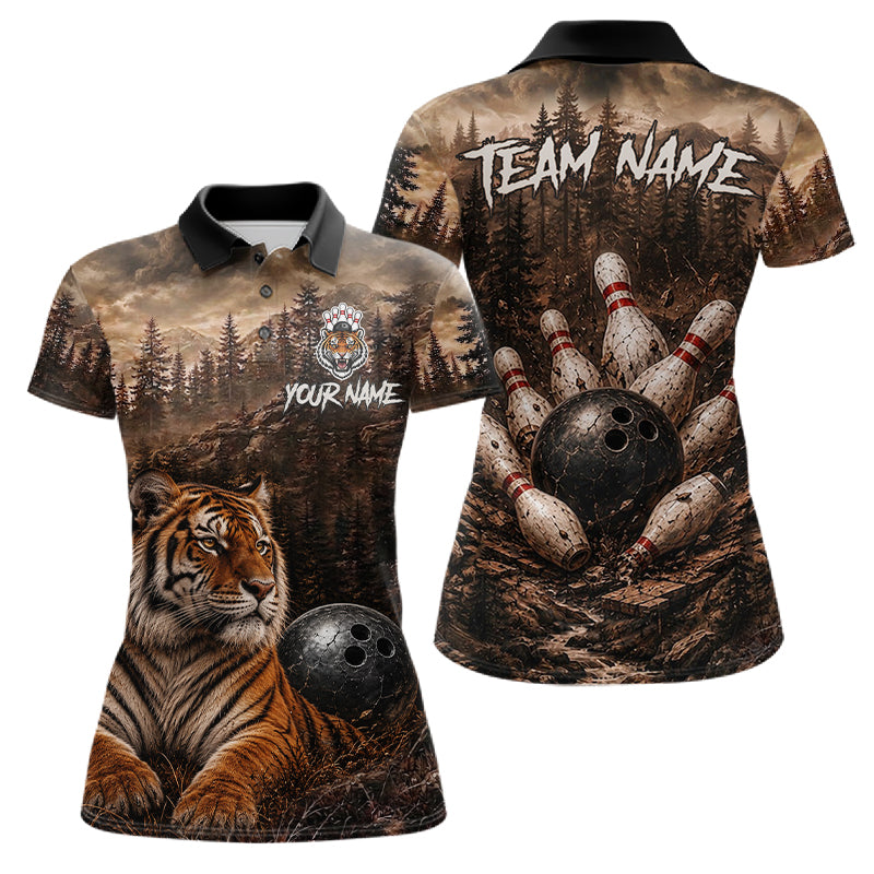 Funny Tiger Bowling Shirts For Women Custom Grunge Forest Polo & 1/4 Zip Bowling Team Jersey  NYN4388