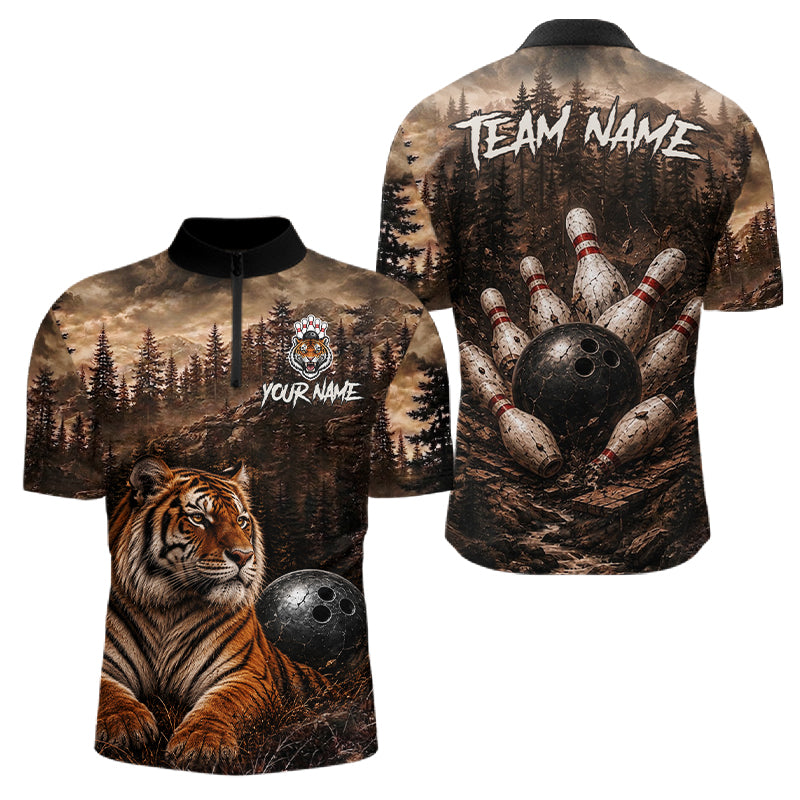 Funny Tiger Bowling Shirts For Men Custom Grunge Forest Polo & 1/4 Zip Bowling Team Jersey  NYN4388