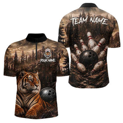 Funny Tiger Bowling Shirts For Men Custom Grunge Forest Polo & 1/4 Zip Bowling Team Jersey  NYN4388