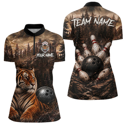 Funny Tiger Bowling Shirts For Women Custom Grunge Forest Polo & 1/4 Zip Bowling Team Jersey  NYN4388