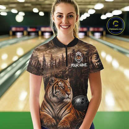 Funny Tiger Bowling Shirts For Women Custom Grunge Forest Polo & 1/4 Zip Bowling Team Jersey  NYN4388