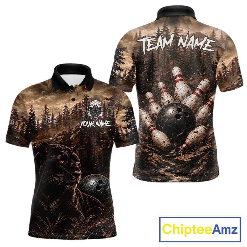 Funny Panther Bowling Shirts For Men Custom Grunge Forest Polo & 1/4 Zip Bowling Team Jersey  NYN4389