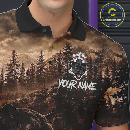 Funny Panther Bowling Shirts For Men Custom Grunge Forest Polo & 1/4 Zip Bowling Team Jersey  NYN4389