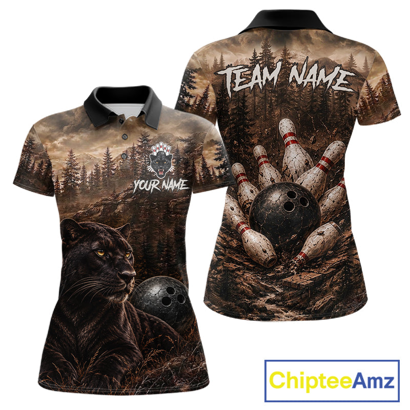 Funny Panther Bowling Shirts For Women Custom Grunge Forest Polo & 1/4 Zip Bowling Team Jersey  NYN4389