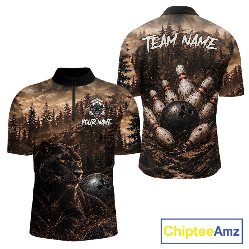 Funny Panther Bowling Shirts For Men Custom Grunge Forest Polo & 1/4 Zip Bowling Team Jersey  NYN4389