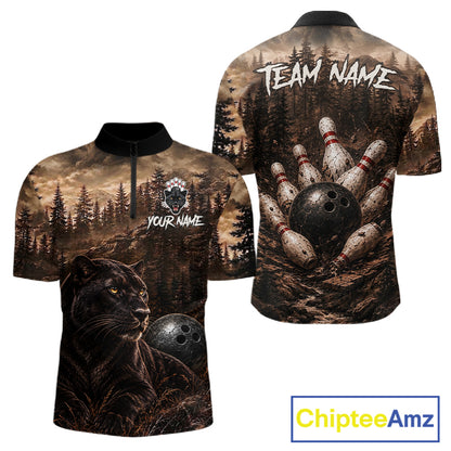 Funny Panther Bowling Shirts For Men Custom Grunge Forest Polo & 1/4 Zip Bowling Team Jersey  NYN4389