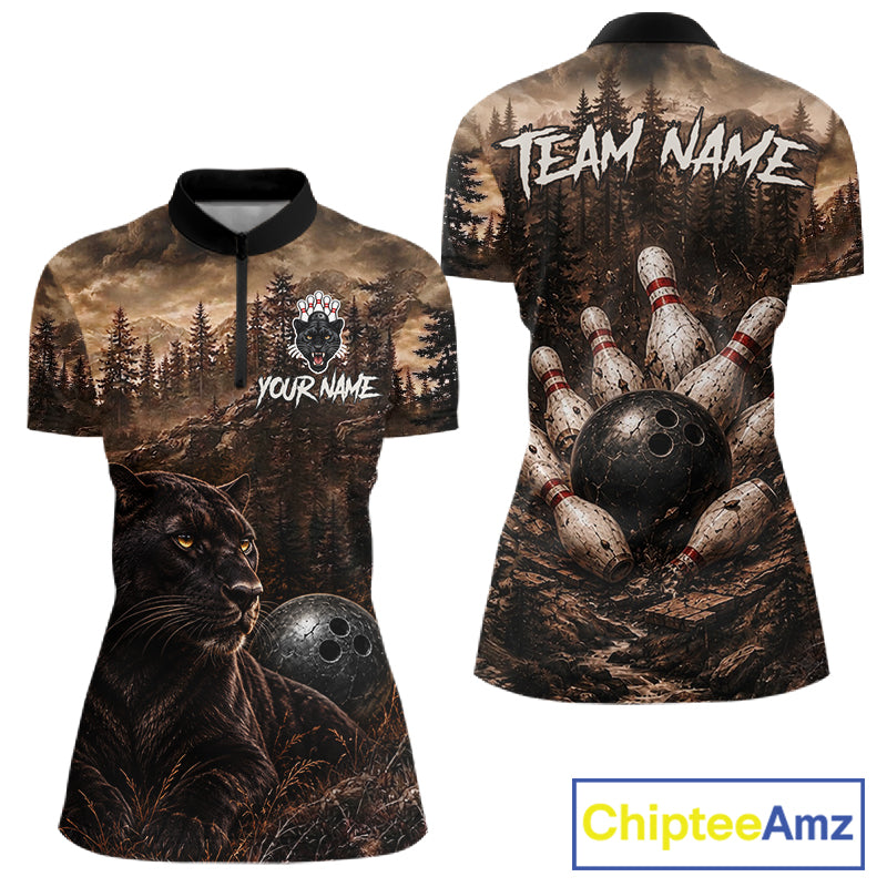 Funny Panther Bowling Shirts For Women Custom Grunge Forest Polo & 1/4 Zip Bowling Team Jersey  NYN4389