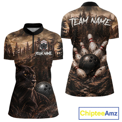 Funny Panther Bowling Shirts For Women Custom Grunge Forest Polo & 1/4 Zip Bowling Team Jersey  NYN4389
