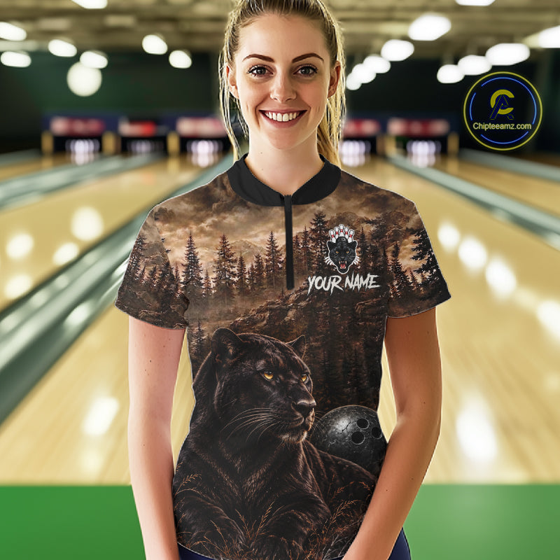 Funny Panther Bowling Shirts For Women Custom Grunge Forest Polo & 1/4 Zip Bowling Team Jersey  NYN4389
