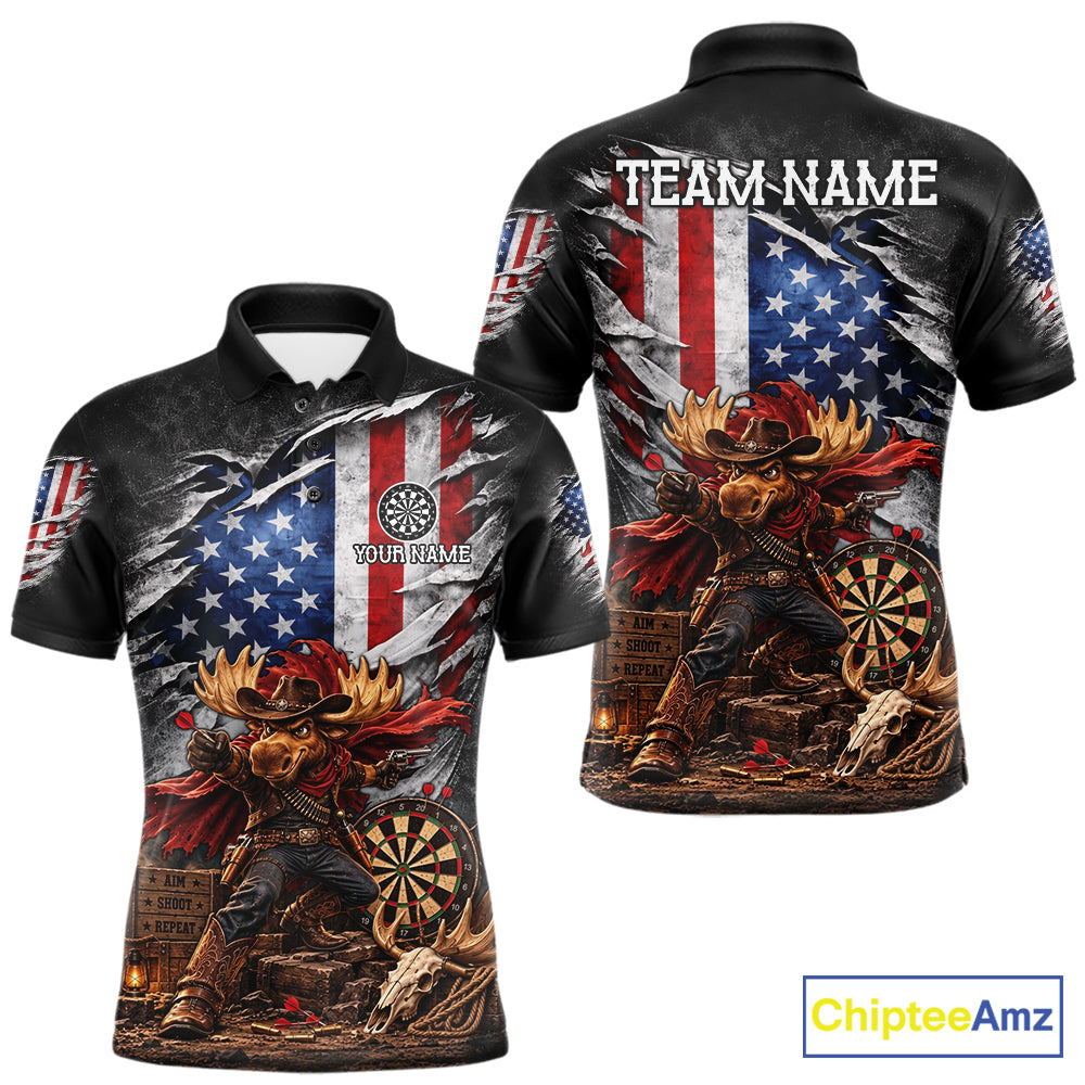Cowboy Deer Funny Darts Polo 1/4-Zip Shirt For Men Custom US Flag Patriotic Darts Team Name Jersey NYN4395