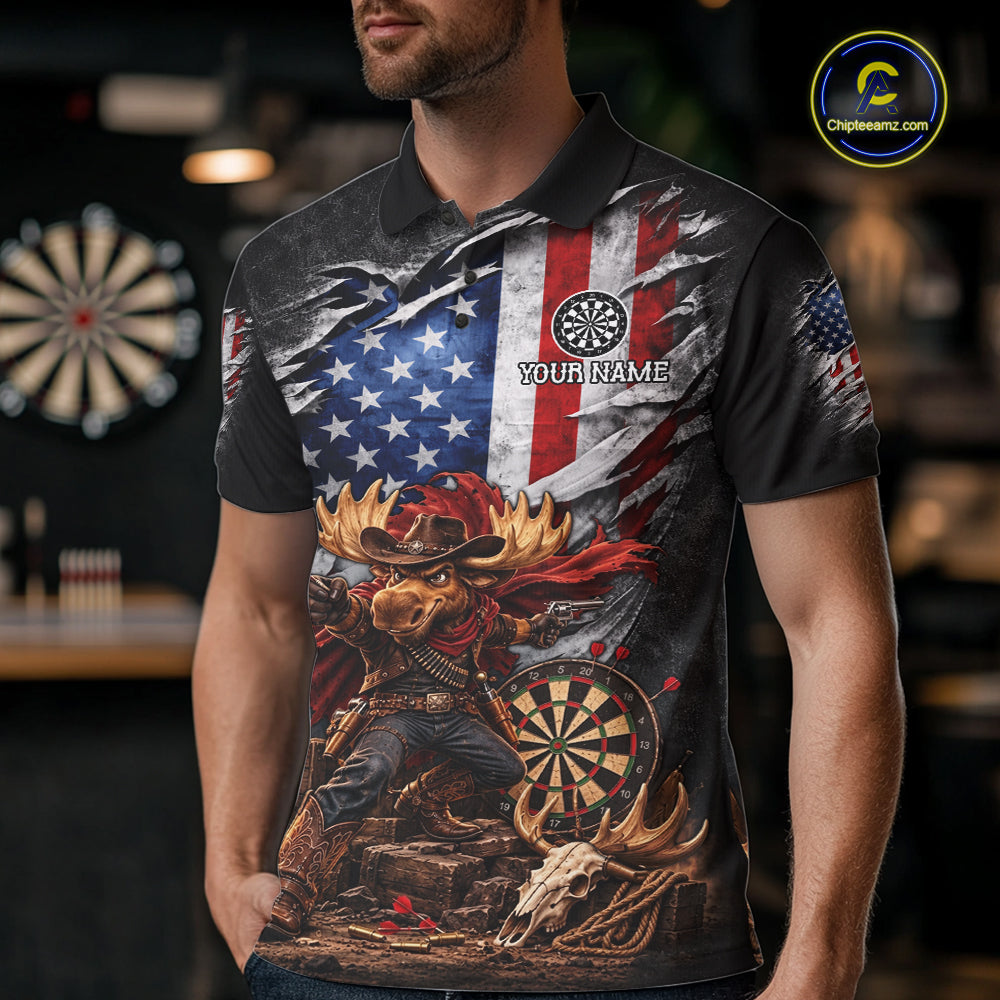 Cowboy Deer Funny Darts Polo 1/4-Zip Shirt For Men Custom US Flag Patriotic Darts Team Name Jersey NYN4395