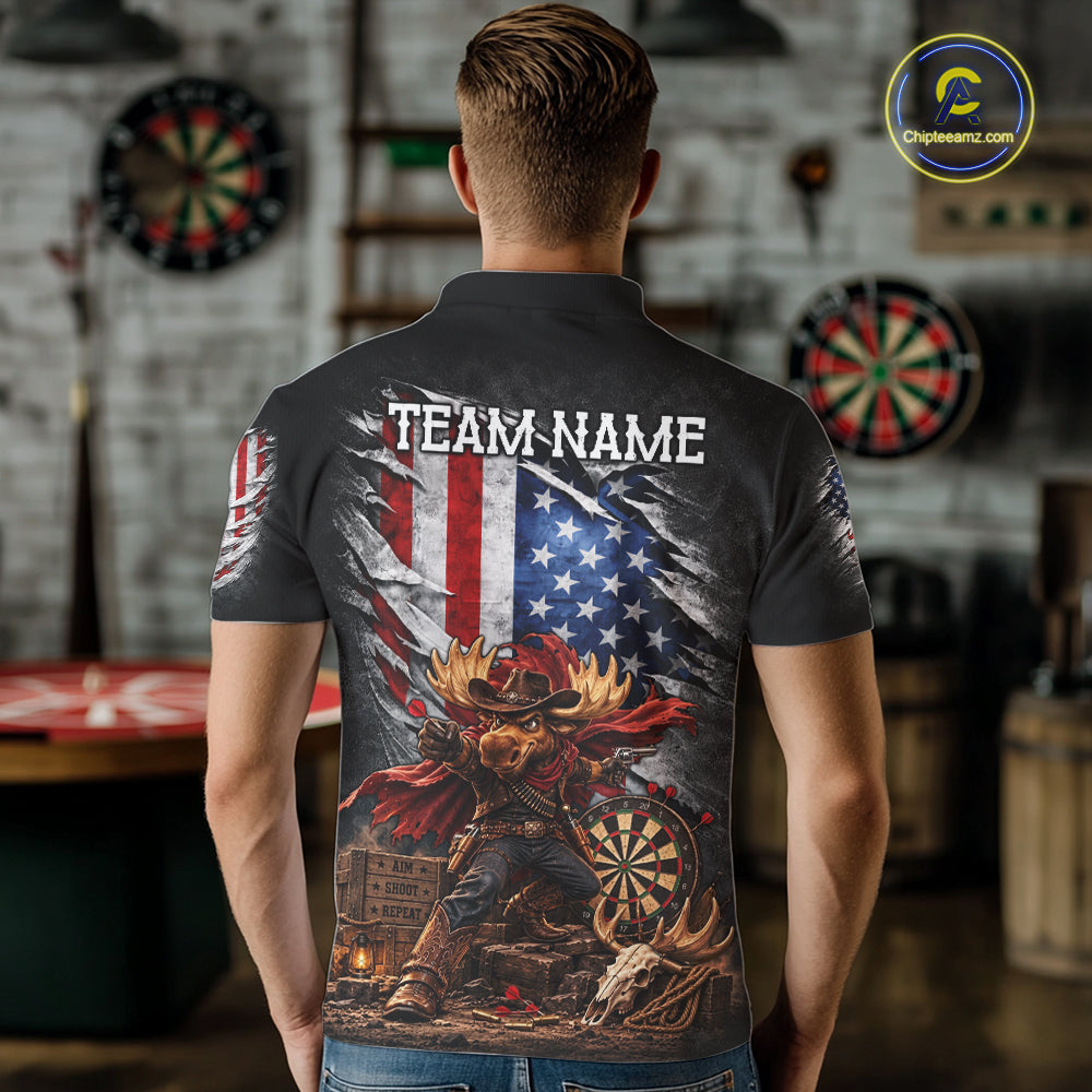 Cowboy Deer Funny Darts Polo 1/4-Zip Shirt For Men Custom US Flag Patriotic Darts Team Name Jersey NYN4395