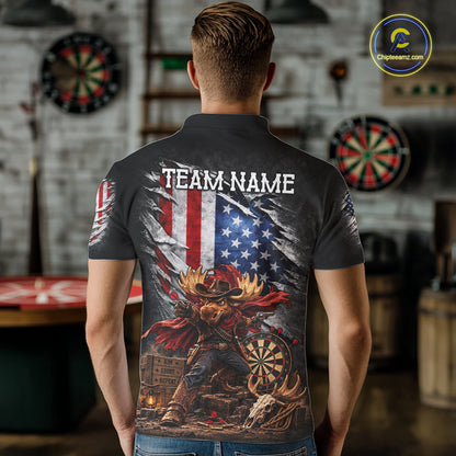 Cowboy Deer Funny Darts Polo 1/4-Zip Shirt For Men Custom US Flag Patriotic Darts Team Name Jersey NYN4395