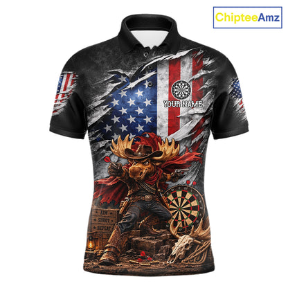 Cowboy Deer Funny Darts Polo 1/4-Zip Shirt For Men Custom US Flag Patriotic Darts Team Name Jersey NYN4395