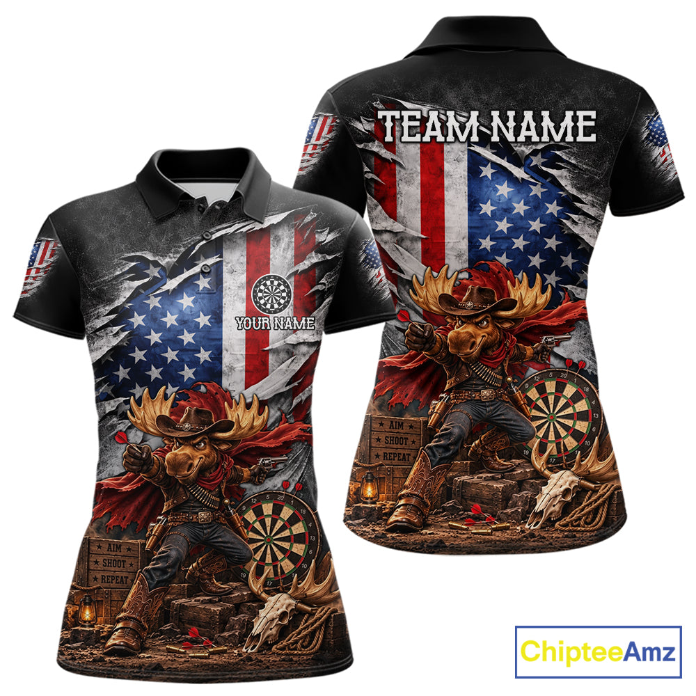 Cowboy Deer Funny Darts Polo 1/4-Zip Shirt For Women Custom US Flag Patriotic Darts Team Name Jersey NYN4395