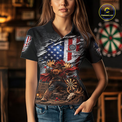 Cowboy Deer Funny Darts Polo 1/4-Zip Shirt For Women Custom US Flag Patriotic Darts Team Name Jersey NYN4395