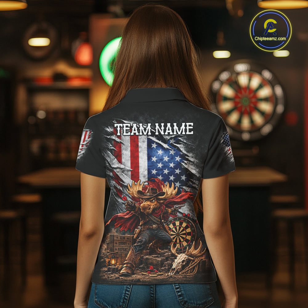 Cowboy Deer Funny Darts Polo 1/4-Zip Shirt For Women Custom US Flag Patriotic Darts Team Name Jersey NYN4395