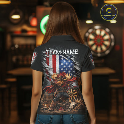 Cowboy Deer Funny Darts Polo 1/4-Zip Shirt For Women Custom US Flag Patriotic Darts Team Name Jersey NYN4395