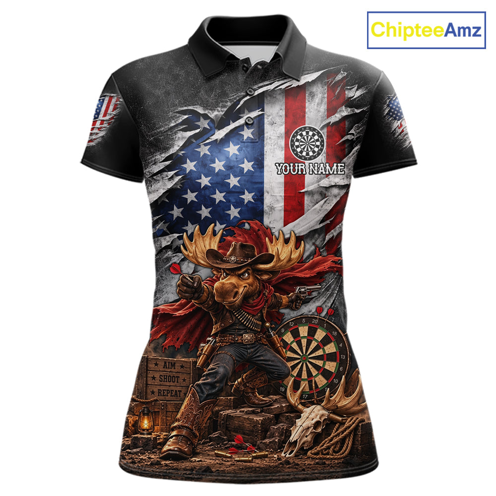 Cowboy Deer Funny Darts Polo 1/4-Zip Shirt For Women Custom US Flag Patriotic Darts Team Name Jersey NYN4395