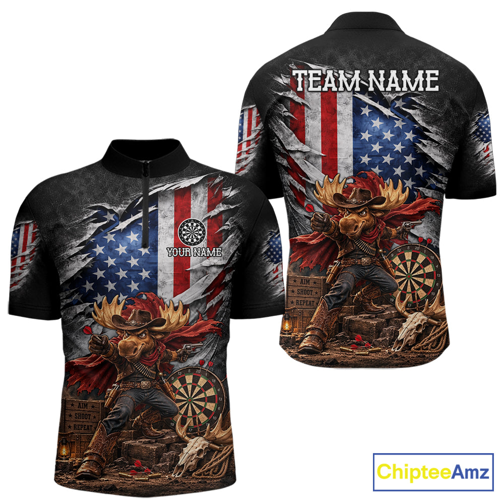 Cowboy Deer Funny Darts Polo 1/4-Zip Shirt For Men Custom US Flag Patriotic Darts Team Name Jersey NYN4395