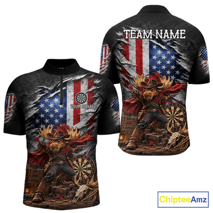 Cowboy Deer Funny Darts Polo 1/4-Zip Shirt For Men Custom US Flag Patriotic Darts Team Name Jersey NYN4395