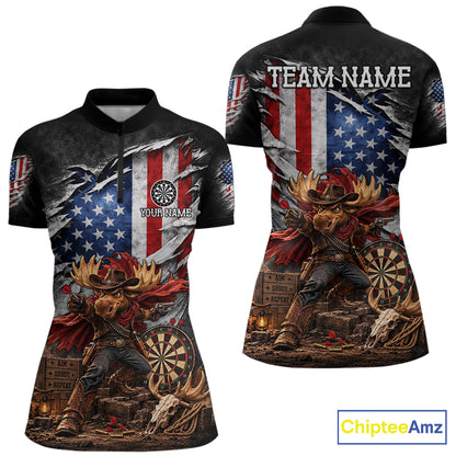 Cowboy Deer Funny Darts Polo 1/4-Zip Shirt For Women Custom US Flag Patriotic Darts Team Name Jersey NYN4395