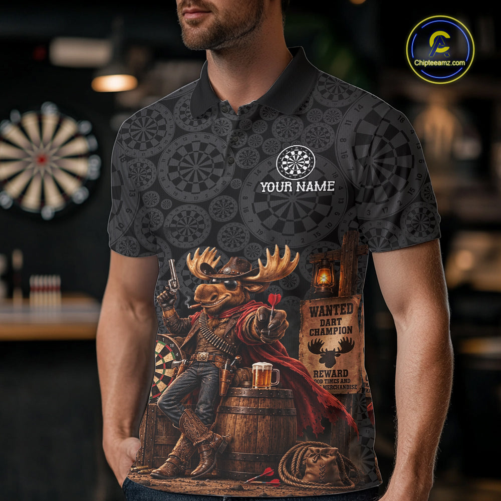 Cowboy Deer Funny Darts Polo 1/4-Zip Shirt For Men Custom Dartboard Seamless Darts Team Name Jersey NYN4396