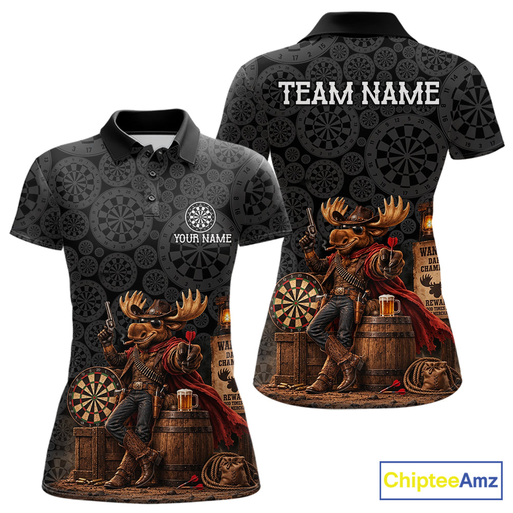 Cowboy Deer Funny Darts Polo 1/4-Zip Shirt For Women Custom Dartboard Seamless Darts Team Name Jersey NYN4396