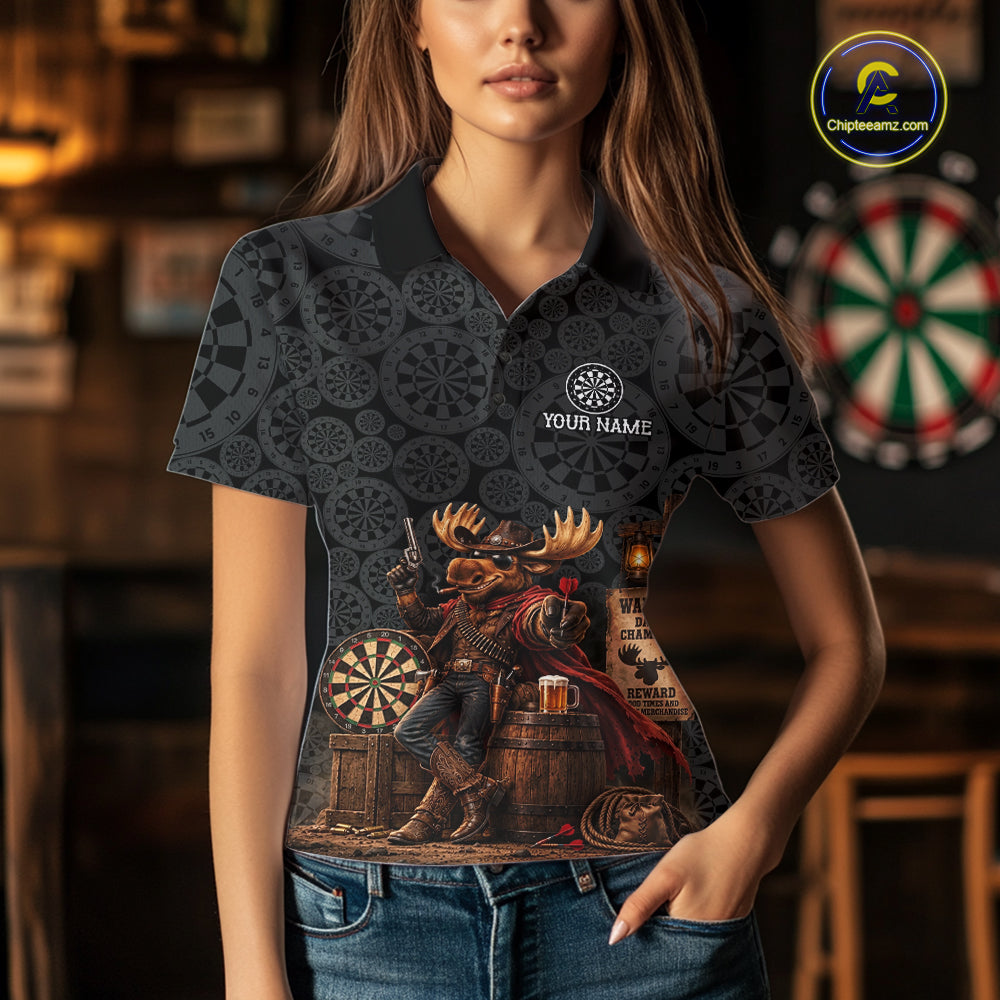 Cowboy Deer Funny Darts Polo 1/4-Zip Shirt For Women Custom Dartboard Seamless Darts Team Name Jersey NYN4396