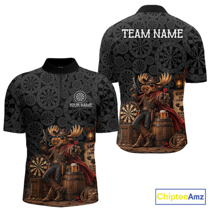 Cowboy Deer Funny Darts Polo 1/4-Zip Shirt For Men Custom Dartboard Seamless Darts Team Name Jersey NYN4396