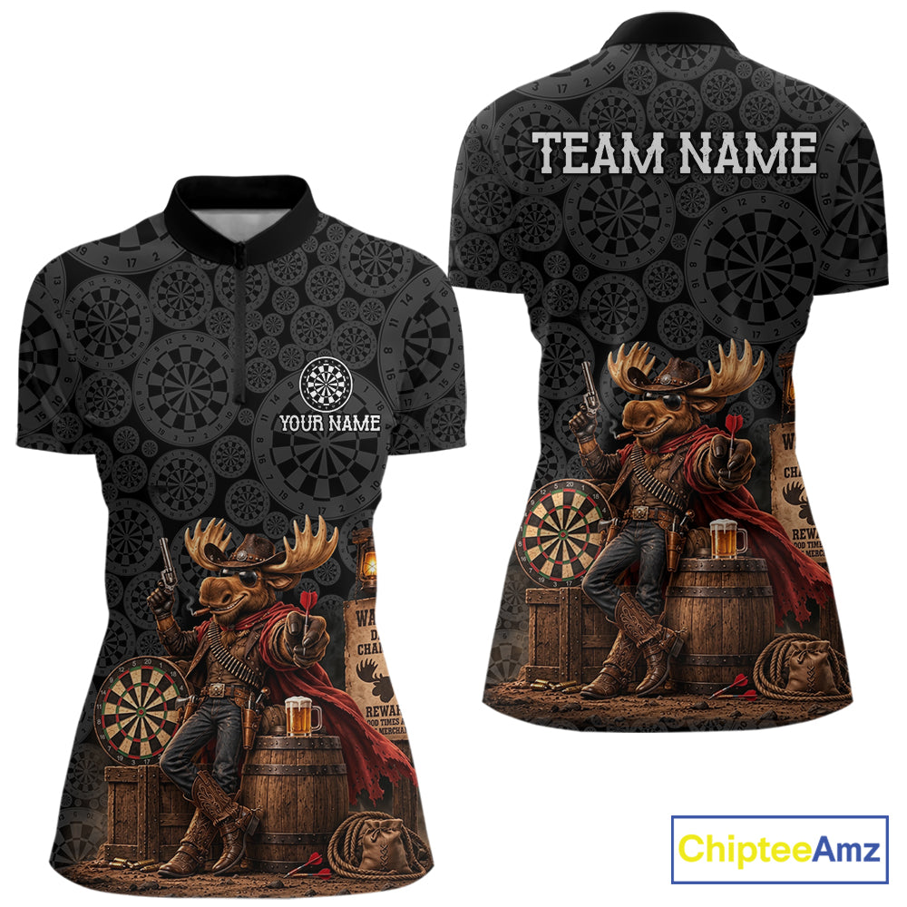 Cowboy Deer Funny Darts Polo 1/4-Zip Shirt For Women Custom Dartboard Seamless Darts Team Name Jersey NYN4396