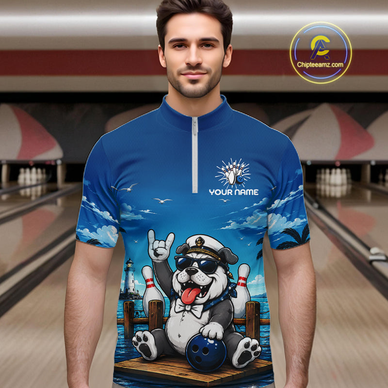 Sailor Bulldog Bowling Shirt For Men Custom Name Funny Bowling Team Jersey Gift For Bowling Lover NYN4399