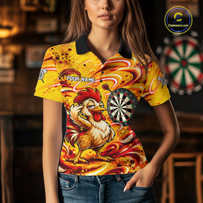 Yellow Red Splatter Funny Darts Polo 1/4-Zip Shirt For Women Rooster Darts Team Tournament Shirt NYN4775