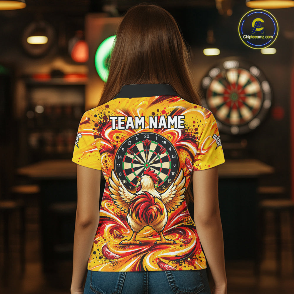 Yellow Red Splatter Funny Darts Polo 1/4-Zip Shirt For Women Rooster Darts Team Tournament Shirt NYN4775