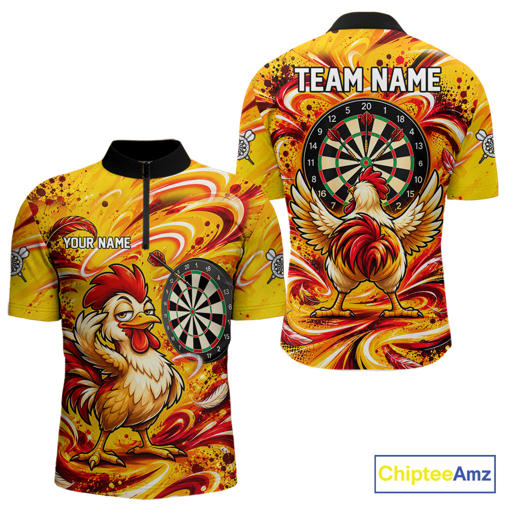 Yellow Red Splatter Funny Darts Polo 1/4-Zip Shirt For Men Rooster Darts Team Tournament Shirt NYN4775