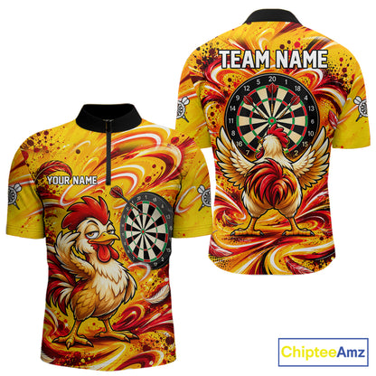 Yellow Red Splatter Funny Darts Polo 1/4-Zip Shirt For Men Rooster Darts Team Tournament Shirt NYN4775
