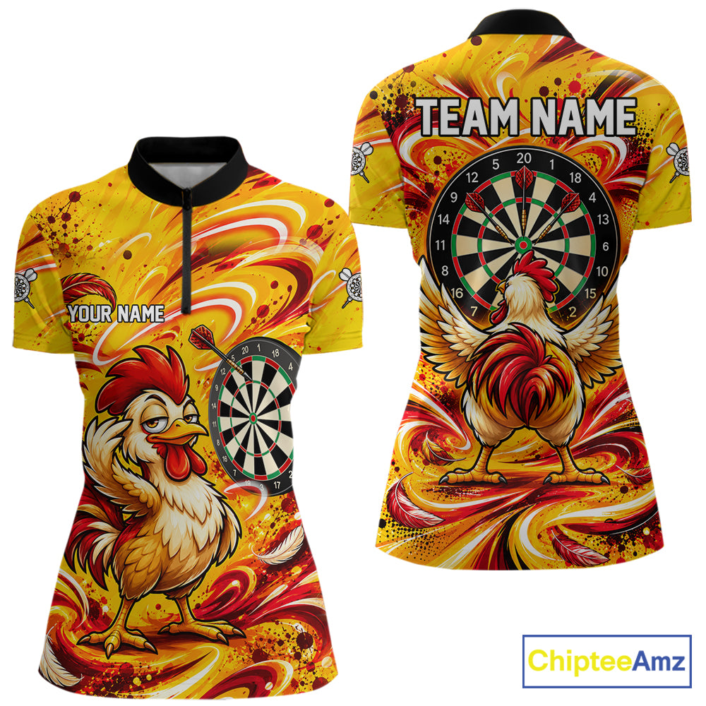 Yellow Red Splatter Funny Darts Polo 1/4-Zip Shirt For Women Rooster Darts Team Tournament Shirt NYN4775