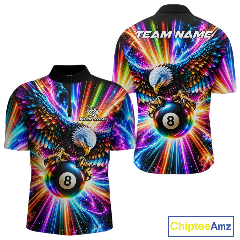 Personalized Eagle 8-Ball Pool Billiard Shirt For Men Neon Rainbow Eagle Billiard Team Uniform Jersey NYN4782