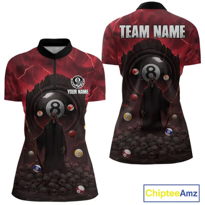 Red Multi-Skull 8 Ball Pool Women Polo & 1/4-Zip Team Shirt Custom Billiard Ball & Cue Gifts NYN2435