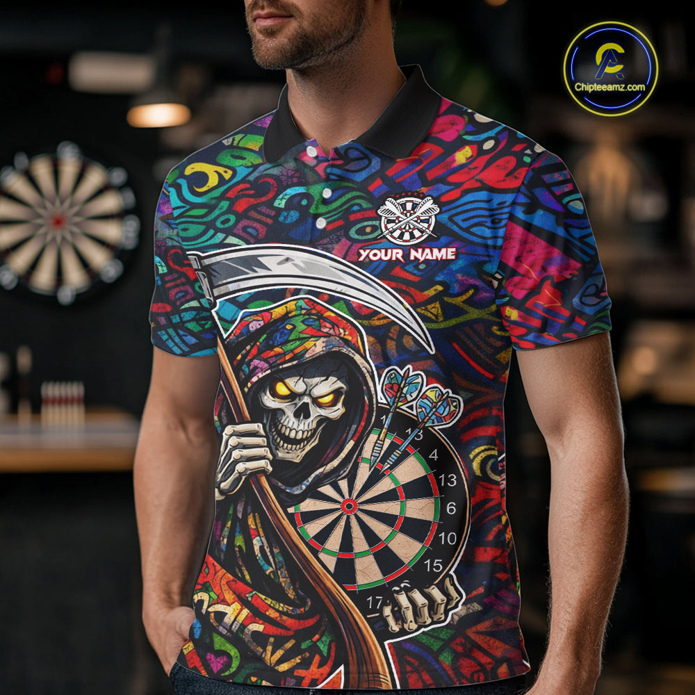 Graffiti Grim Reaper Dartboard & Arrow Darts Polo Shirt For Men Custom Funny Dart Team Shirt NYN2658