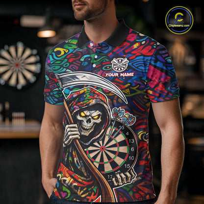 Graffiti Grim Reaper Dartboard & Arrow Darts Polo Shirt For Men Custom Funny Dart Team Shirt NYN2658