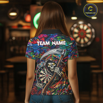 Graffiti Grim Reaper Dartboard & Arrow Darts Polo Shirt For Women Custom Funny Dart Team Shirt NYN2658