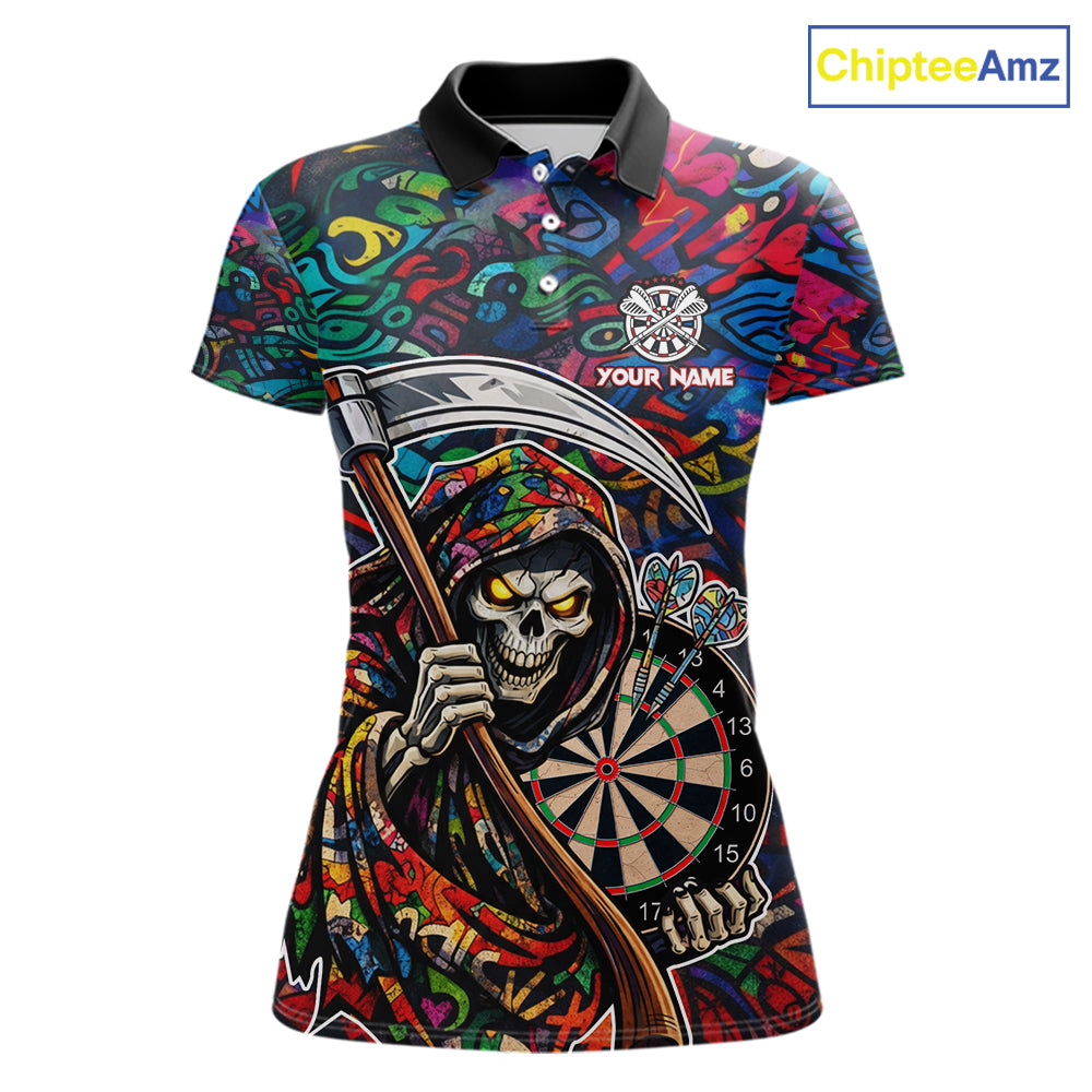 Graffiti Grim Reaper Dartboard & Arrow Darts Polo Shirt For Women Custom Funny Dart Team Shirt NYN2658