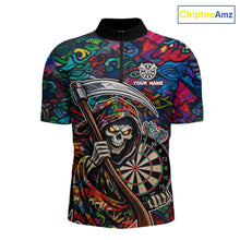 Load image into Gallery viewer, Graffiti Grim Reaper Dartboard &amp; Arrow Darts Quarter-Zip Shirt For Men Custom Funny Dart Team Shirt NYN2658