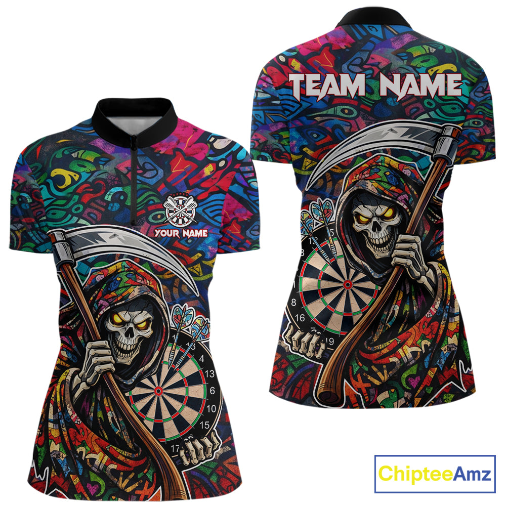 Graffiti Grim Reaper Dartboard & Arrow Darts Quarter-Zip Shirt For Women Custom Funny Dart Team Shirt NYN2658