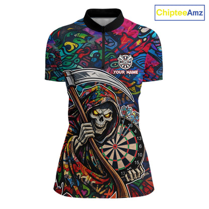 Graffiti Grim Reaper Dartboard & Arrow Darts Quarter-Zip Shirt For Women Custom Funny Dart Team Shirt NYN2658