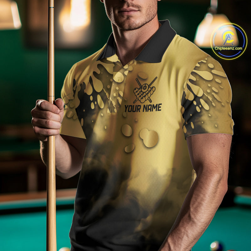 Custom Black And Gold Splatter Billiard Pool Shirts For Men Flame 8 Ball Billiard Team Attire NYN3018