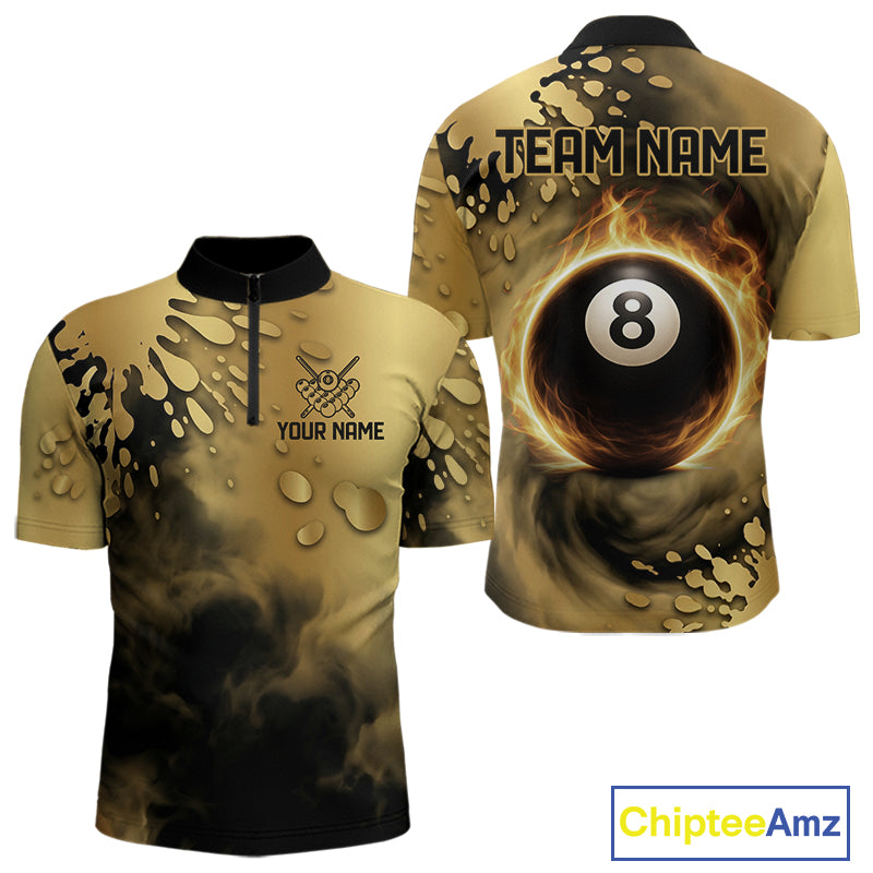 Custom Black And Gold Splatter Billiard Pool Shirts For Men Flame 8 Ball Billiard Team Attire NYN3018